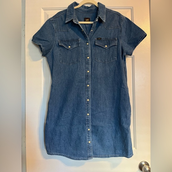 Lee Dresses & Skirts - Lee Vintage Y2K Pearl Snap Denim Western Short Sleeve Shirt Dress Large